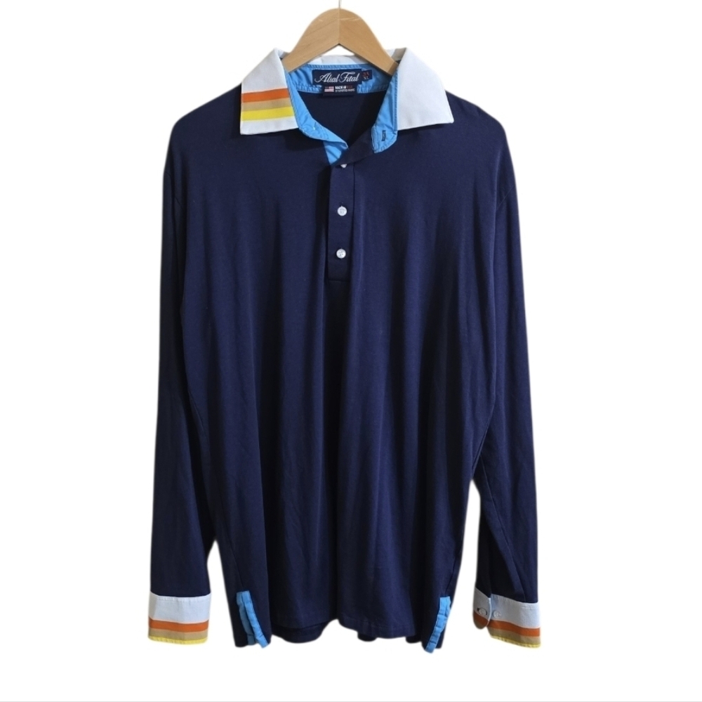 Alial Fital Men's Long Sleeve Retro Striped Accent Polo Shirt. Size XL